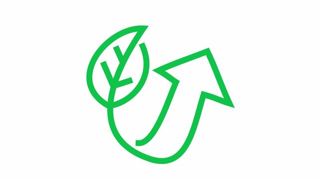 Green growth trend with upward arrow and green leaf line art icon cartoon animation isolated on transparent background. Eco-friendly progress with sustainable development and environmental success.