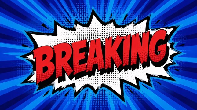 Vibrant and intense radial sunburst background in shades of azure featuring a bold comic book style banner with the word Breaking for cinematic news updates and dramatic web design projects.