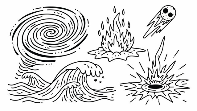 Black and white illustration of natural disasters.