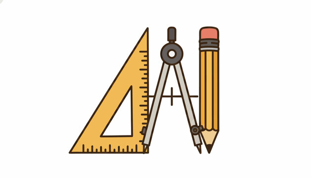 Geometric drawing tools, triangle ruler, compass, pencil icon, education, architecture symbols, yellow stationery
