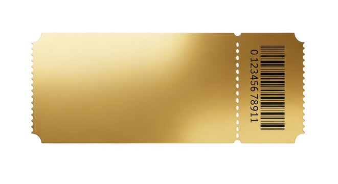 Blank golden ticket with barcode isolated on transparent background
