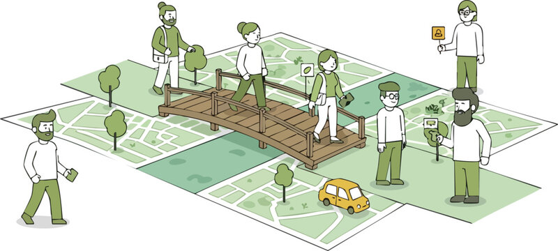 People walking on isometric city map with park and wooden bridge