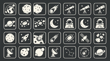 Space Exploration Icons: Planets, Rockets, Astronauts, Telescopes, Satellites, Meteors © Senja