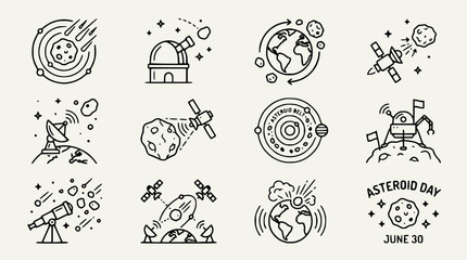 Space Icons Set: Asteroids, Planets, Satellites, Telescope, Observatory, Rocket, Lander © Senja