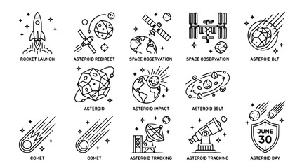 Space Icons: Rocket, Asteroids, Earth, Satellite, Telescope, Comet, ISS, Astronomy © Senja