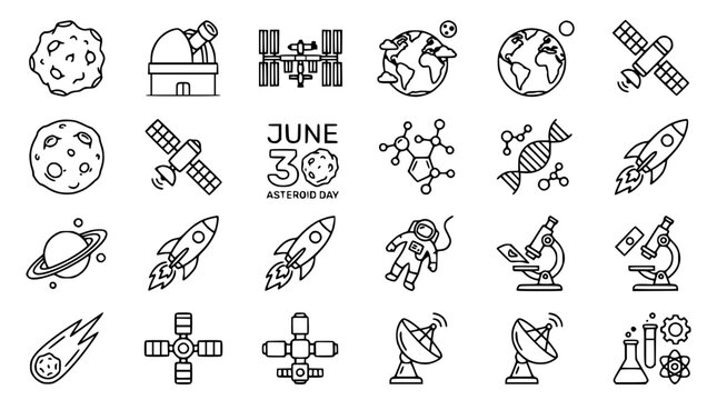 Space Exploration Icons: Asteroids, Planets, Rockets, Astronauts, Satellites, DNA, Science
