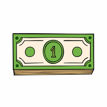 Hand drawn illustration of a stack of dollar bills with dollar bill line art white background paper money one dollar currency financial