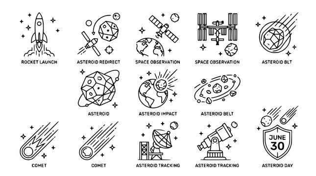 Space Icons: Rocket, Asteroids, Earth, Satellite, Telescope, Comet, ISS, Astronomy