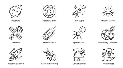 Fototapeta premium Space Exploration Icons: Asteroid, Satellite, Rocket, Telescope, Spacecraft, Observatory