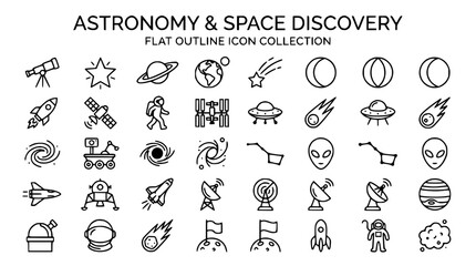 Astronomy and Space Discovery Flat Outline Icons Collection © Senja