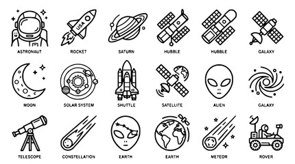 Space Exploration Icons: Astronaut, Rocket, Planets, Satellites, Alien, Telescope, Moon, Earth © Senja