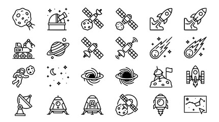 Space Exploration Icons: Planets, Rockets, Astronauts, Satellites, Black Holes, and Stars © Senja