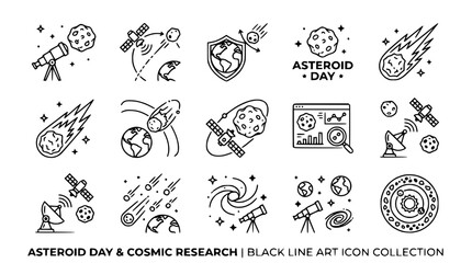 Asteroid Day Cosmic Research Icons: Astronomy, Space Exploration, Satellites, Planets, Meteors © Senja