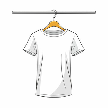 Clean white blank t-shirt hanging on a wooden hanger on a clothes rack vector illustration for apparel mockup and fashion design with t shirt