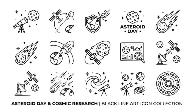 Asteroid Day Cosmic Research Icons: Astronomy, Space Exploration, Satellites, Planets, Meteors