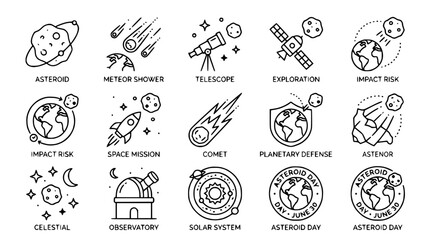 Space Icons: Asteroid, Comet, Telescope, Rocket, Earth, Solar System, Observatory © Senja
