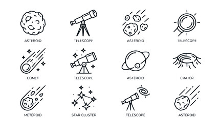 Space Icons: Asteroids, Telescope, Comet, Meteoroid, Star Cluster, Planet, Crater © Senja