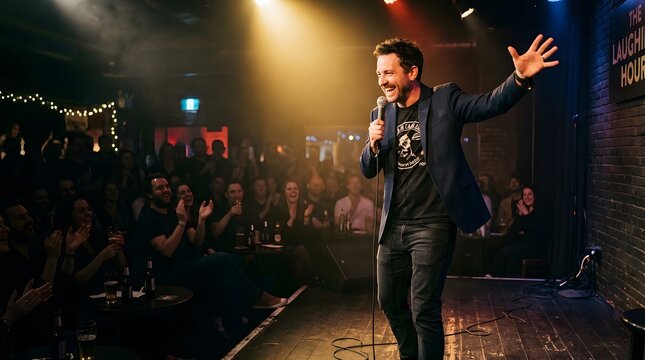 Stand-up comedian performing on stage, holding microphone, audience blurred in background, dramatic spotlight, low angle shot, vibrant mood, expressive gestures, comedy club atmosphere