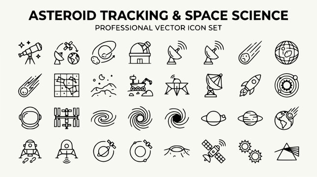Asteroid Tracking & Space Science Vector Icons: Astronomy, Exploration, Cosmos