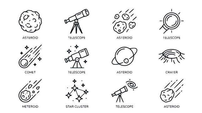 Space Icons: Asteroids, Telescope, Comet, Meteoroid, Star Cluster, Planet, Crater