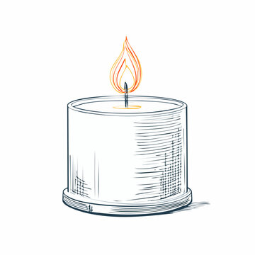 Minimalist hand-drawn sketch of a lit paraffin candle with orange flame isolated on white background illustration luminous isolated decoration