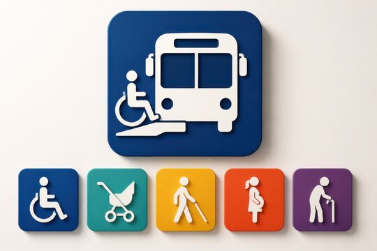 Accessible public transport icon set with wheelchair bus ramp and mobility symbols on colored square tiles