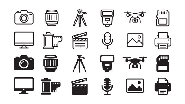 Film, photography, video production icons, 25 black line icons, media symbols, camera equipment, vector graphics