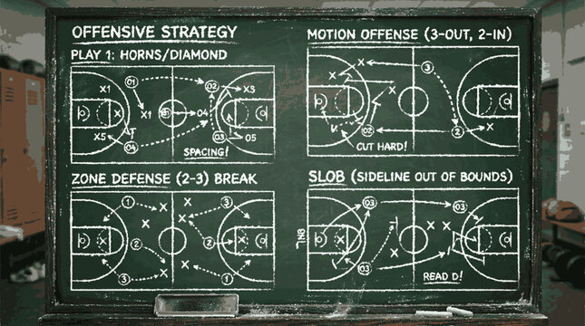 Basketball coach chalkboard diagram detailing offensive strategy zone defense motion offense and sideline out of bounds plays