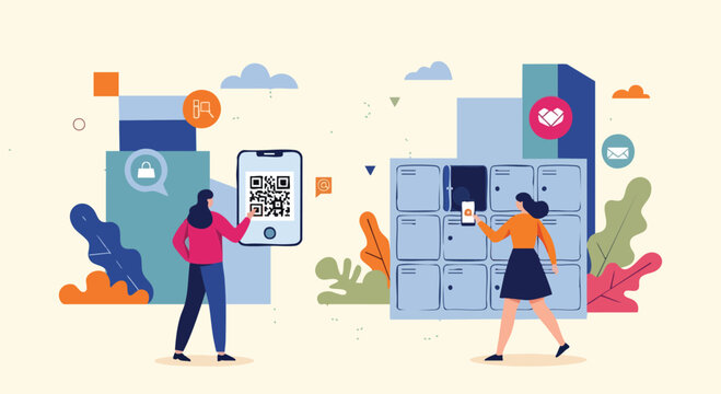 Smart locker parcel pickup with QR code on smartphone