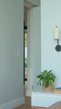 Vertical video: Opening slowly, white door showing hallway plants in bedroom, plant, books on stand