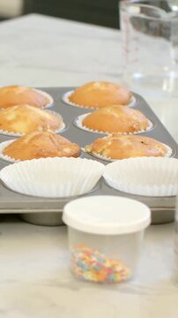 Vertical video: Shifting camera from blur revealing muffin pan on kitchen counter to show sprinkles