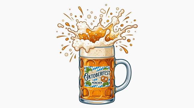 Oktoberfest beer mug with foam splash, festive 2D vector, isolated on white background
