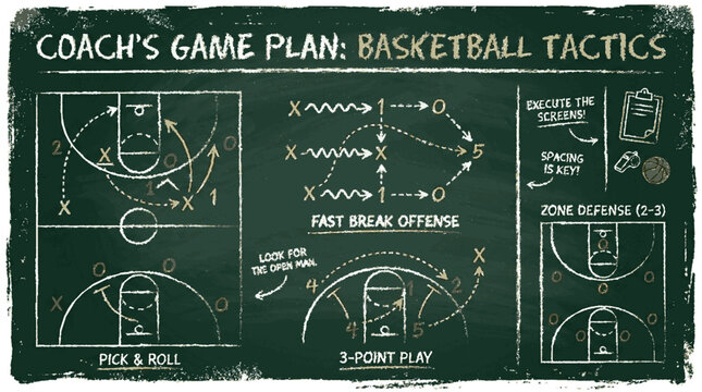 Basketball coach's chalkboard strategy plan with detailed tactical diagrams for fast break offense and defense plays