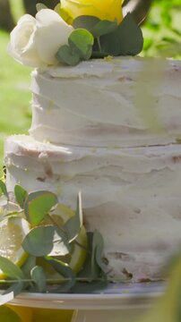 Vertical video: Sliding camera revealing two-tier cake in sunlit garden, showing roses and pedestal