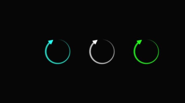 Loop animation of Cycle diagram icon made of an arrow on black background .White circular arrow appears. back up reload rotation line icon upload icon animation.