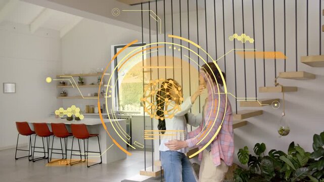 Couple holding hands leaning and embracing in bright home near staircase, AR circle animating love