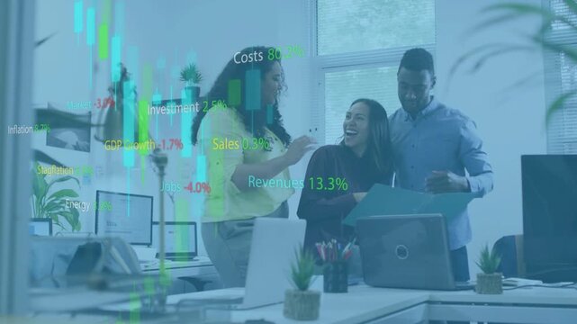 Three coworkers in office reviewing folder pointing making financial charts appear and celebrating