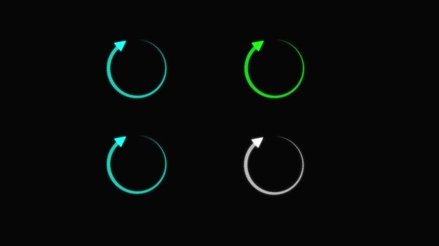 Loop animation of Cycle diagram icon made of an arrow on black background .White circular arrow appears. back up reload rotation line icon upload icon animation.