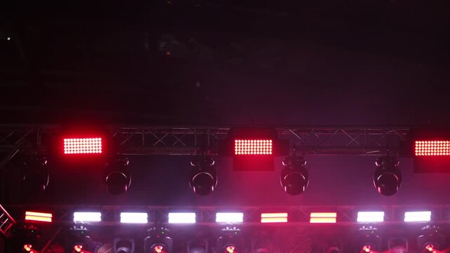 Spotlights On The Ceiling Illuminate The Concert Stage And Work During The Show