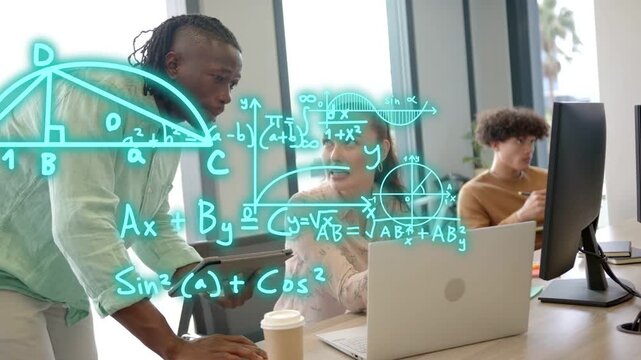 Standing man leaning tapping tablet making math overlay grow over laptop as woman solving problems