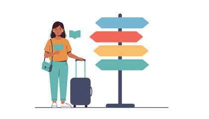 Woman choosing direction with suitcase and signpost © Alis