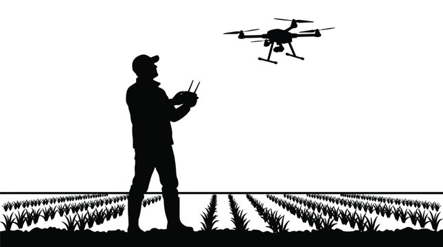 Silhouette of a farmer in a field controlling a drone with a remote controller