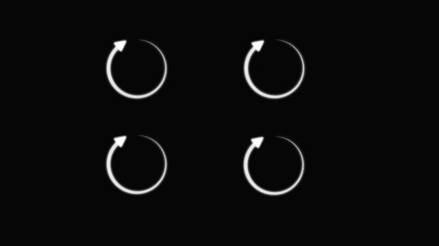 Loop animation of Cycle diagram icon made of an arrow on black background .White circular arrow appears. back up reload rotation line icon upload icon animation.