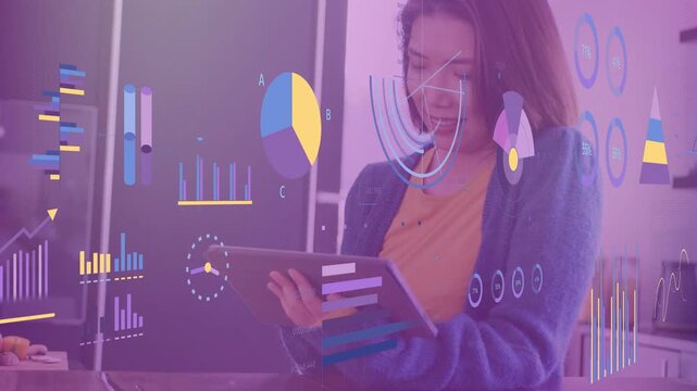 Woman tapping and scrolling tablet in kitchen, pie or bar charts and radial gauges updating analytic
