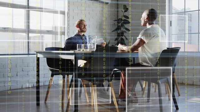 Right speaker leaning forward, initiating digit streams and frames, showing business metrics