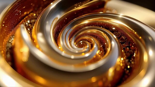きらめく金色のグリッターとメタリックな渦まきの背景