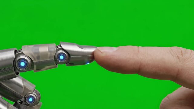 Futuristic robotic AI finger hand reaching toward human finger hand, on green screen background, advanced assistant technology concept, harmony between humans and machines, 4K video
