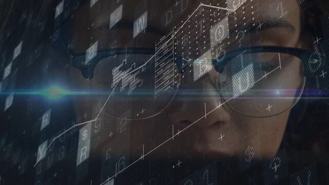 Woman analyst tracking incoming tech data feed, processing sliding grid and rising chart on glasses