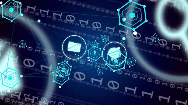 On binary streams, turquoise hex nodes, icon bubbles forming cluster connecting, showing app links