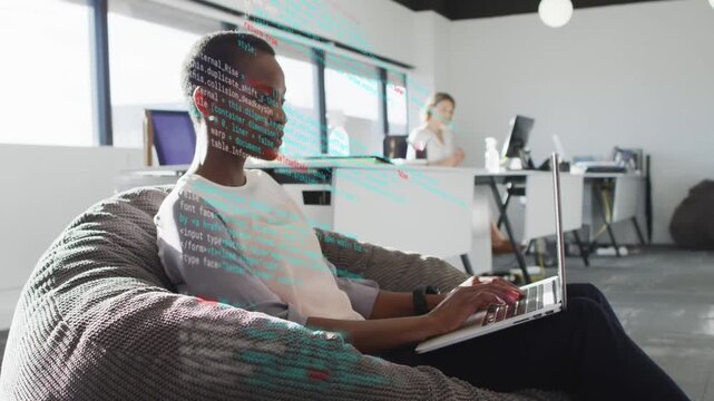 Female dev typing on laptop, keystrokes causing code overlay on torso, aiding tech collaboration